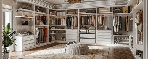 walk in closet bedroom organizer with drawers and shelves rack for clothes and accessories, wide banner with copy space area for home interior, Generative AI