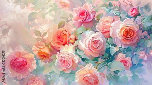 closeup soft pastel color roses bouquet, generative ai