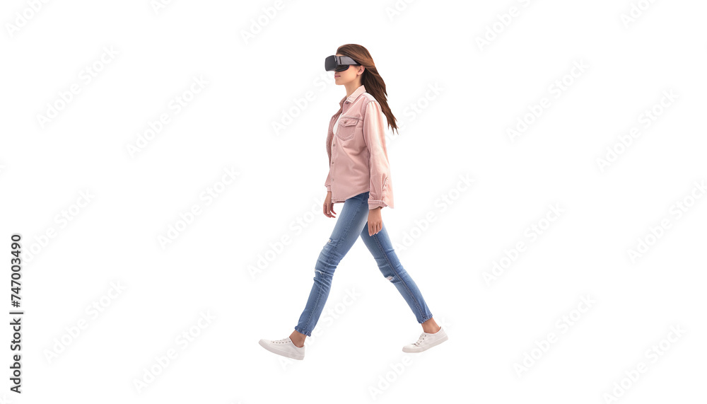 woman walking with virtual reality glasses, isolated on white woman walking with virtual reality glasses, isolated on white