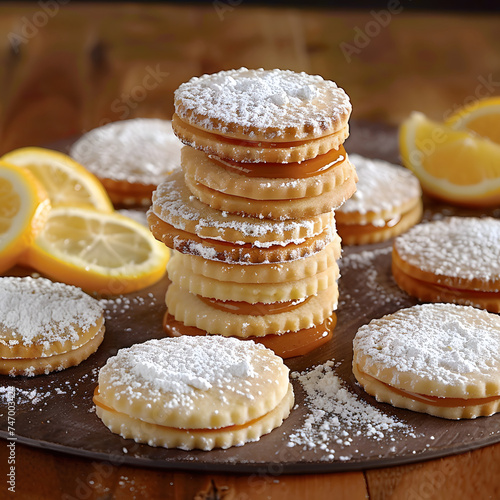 Alfajores: Traditional Peruvian cookies filled with caramel and white sugar dust on top