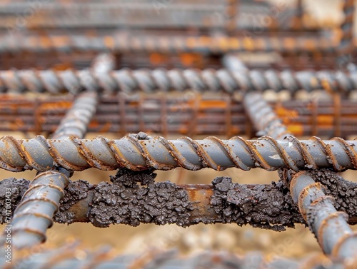 Close-up on bonded steel rebar, the core of reinforced concretes durability, essential in modern construction