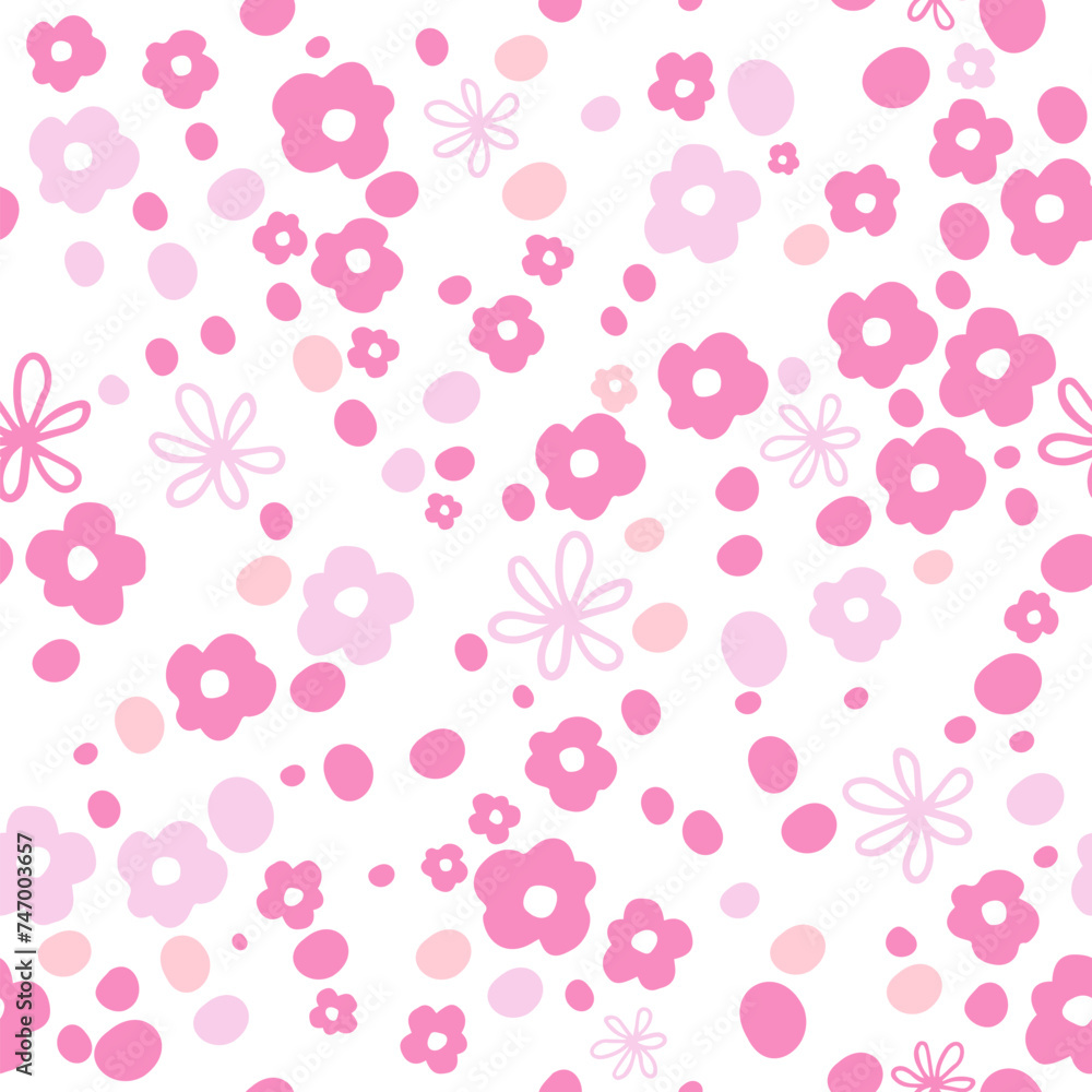 Seamless pattern of simple sakura flowers (cherry blossom). hand drawing. Not AI, Vector illustration