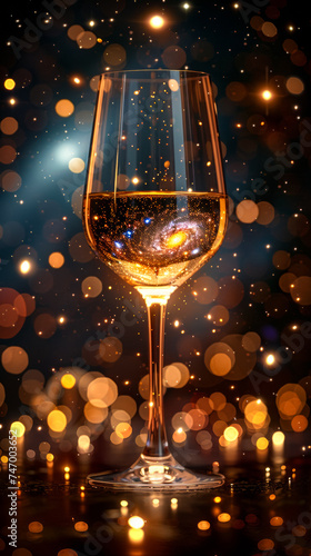 a wine glass under the stars with galaxy dotted with stars, in the style of psychedelic tableaux, metafictional photo