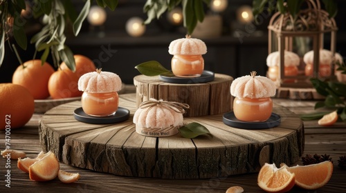 a table topped with oranges and candles on top of a wooden table next to a cage of oranges. photo