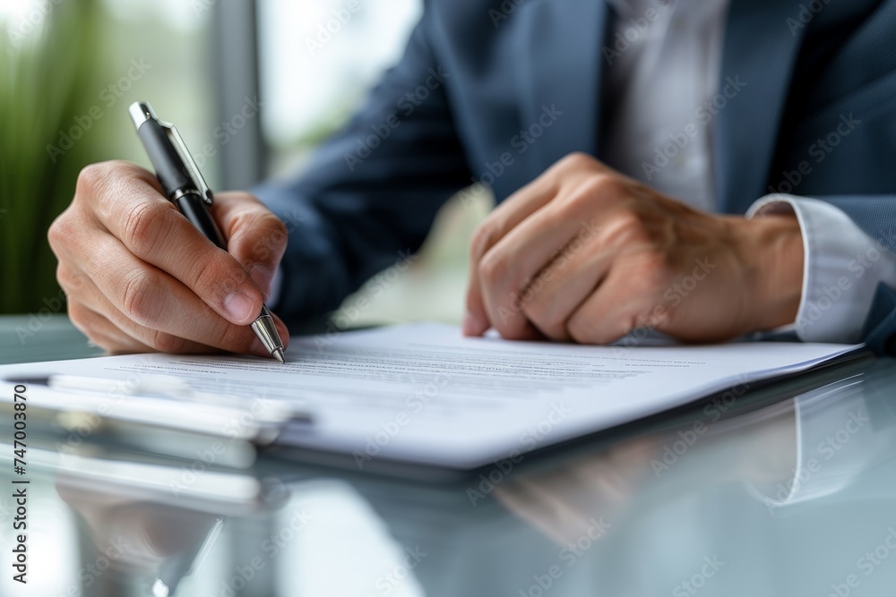 Close up shot of a businessman signing a business contract. Businessman writing on a paper document Close up shot of a businessman signing a business contract. Businessman writing on a paper document