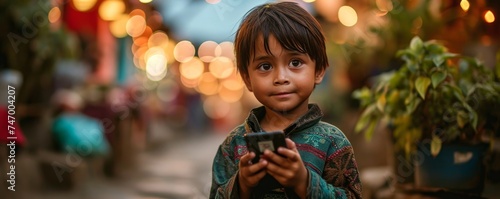 Indian or Pakistani or Mexican Hispanic little boy holding his mobile phone watching or messaging social media for online internet coverage in poor and worldwide areas as wide banner, Generative AI