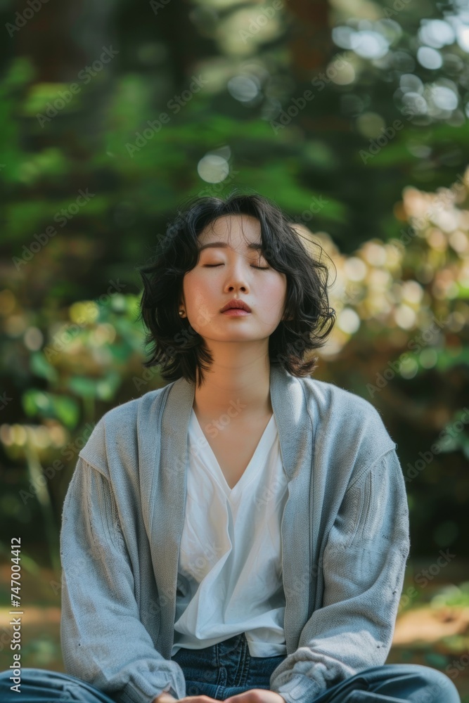 Korean woman practicing meditation in a park Korean woman practicing meditation in a park