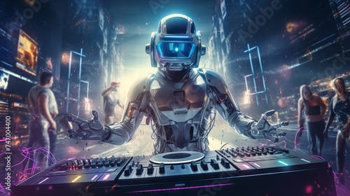 Futuristic party scene with a colorful AI dj robot and music speakers photo