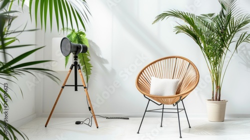 a modern chair with a podast microphone on a tripod next to it and a green plants, biophilic design, white background photo