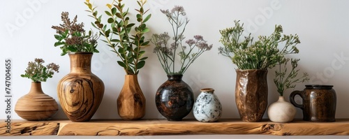 collection Set of two styles of Livingroom natural teak wood shelf with vases setup for interior home decoration cutouts isolated on white background - Generative AI