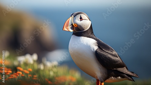 Close-up of a colorful Atlantic puffin, a seabird native to the North Atlantic Ocean