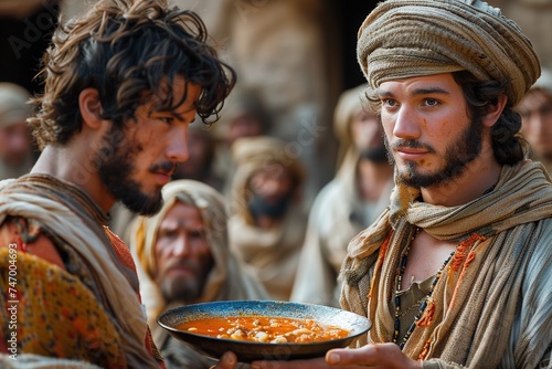 Jacob gives a plate of soup to Esau, Bible story. Sale of firstborn. photo