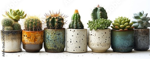 collection Set of different mixed cactus and succulents types of small mini plant in modern ceramic nordic vase pot as furniture cutouts isolated on white background, Generative AI