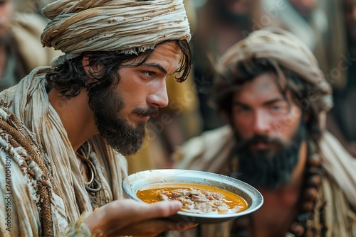 Jacob gives a plate of soup to Esau, Bible story. Sale of firstborn.