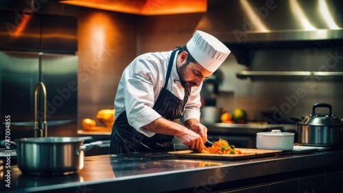 The head chef prepares Gourmet dishes in a high-end restaurant modern kitchen