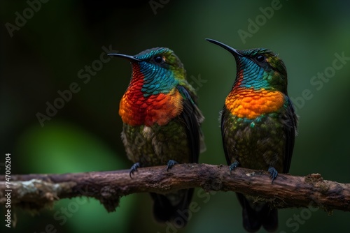 Two panterpe insignis birds, often known as the fiery-throated hummingbird posing on a branch