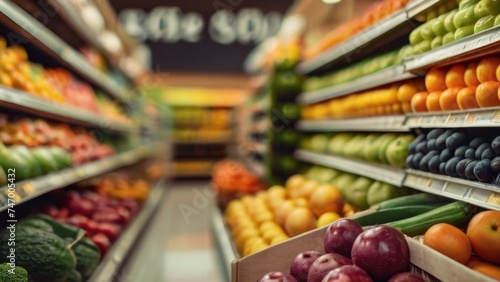 Supermarket store shelves with fruits and vegetables with blurred background