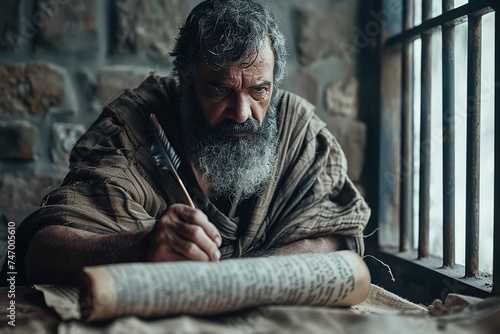 Apostle Paul writing in parchment scroll inspired by the Holy Spirit. photo