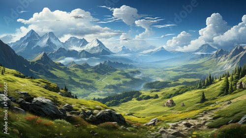Explore the Majestic Alpine Panorama  A Stunning Skyline of Mountain Peaks  Green Valleys  and Rolling Hills in Nature s Wilderness  generative AI