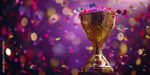 Golden championship cup and confetti around it with copy space on a purple background. AI generative