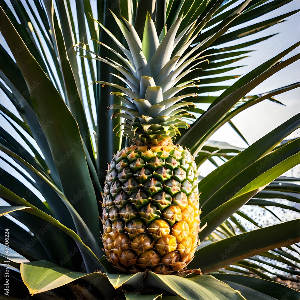 pineapple on a tree A pineapple on a plant with the sun shining on it. pineapple on a tree A pineapple on a plant with the sun shining on it.
