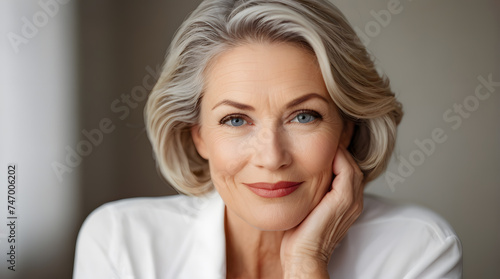 Beautiful 50s mid aged mature woman isolated on white background. skin care beauty, skincare cosmetics concept. Perfect for Mother's Day, Women's Day, promotion of skincare and cosmetic products.