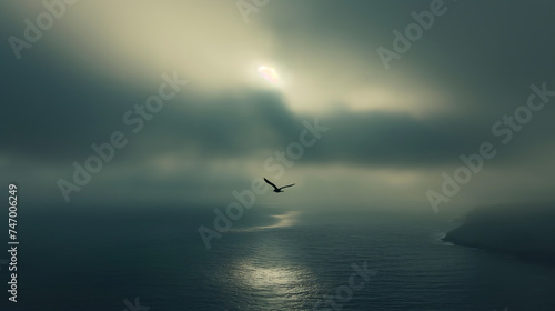 Mystical Flight: A Lone Bird Soars Above a Foggy Ocean at Dusk