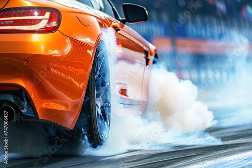Gleaming orange sports car races down track with speed, leaving a cloud of smoke from its powerful engine © Volodymyr Skurtul