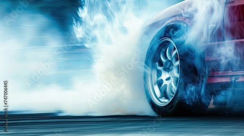 High-speed red car drifting on a racetrack causing a dramatic plume of white smoke from the burning tires © Volodymyr Skurtul