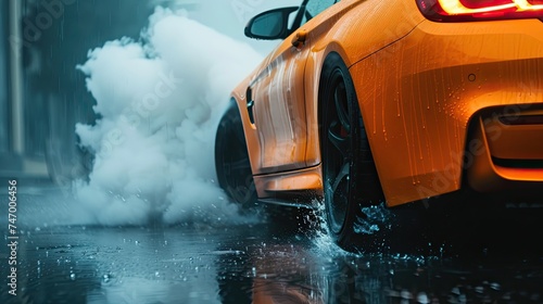 Dynamic image of an orange sports car driving through rain puddles on a wet surface, splashing water around