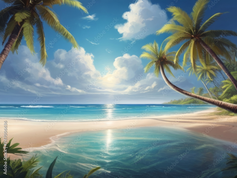 Turquoise water of a tropical sea, palm trees along the beach, feathered clouds, generative ai