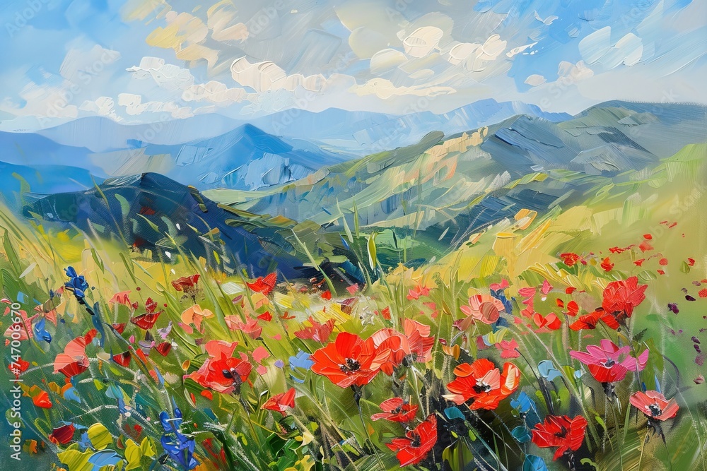 Beautiful landscape with colorful poppy flowers in mountains.
