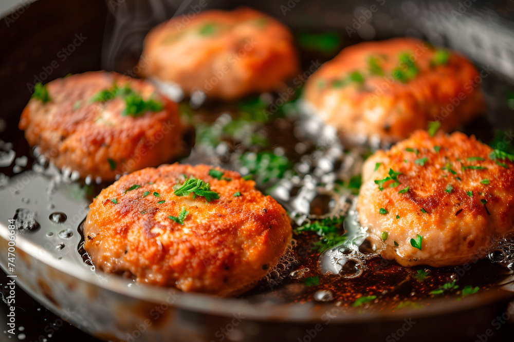 Meat cutlets in frying pan over background. Herbs and spices. Top view, flat lay. High quality photo Meat cutlets in frying pan over background. Herbs and spices. Top view, flat lay. High quality photo