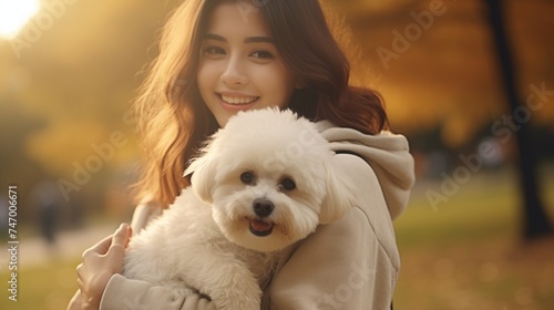 A heartwarming scene unfolds, capturing a close-up photo of a young woman walking with her Bichon Havanais dog in a public park during the serene morning hours.  photo