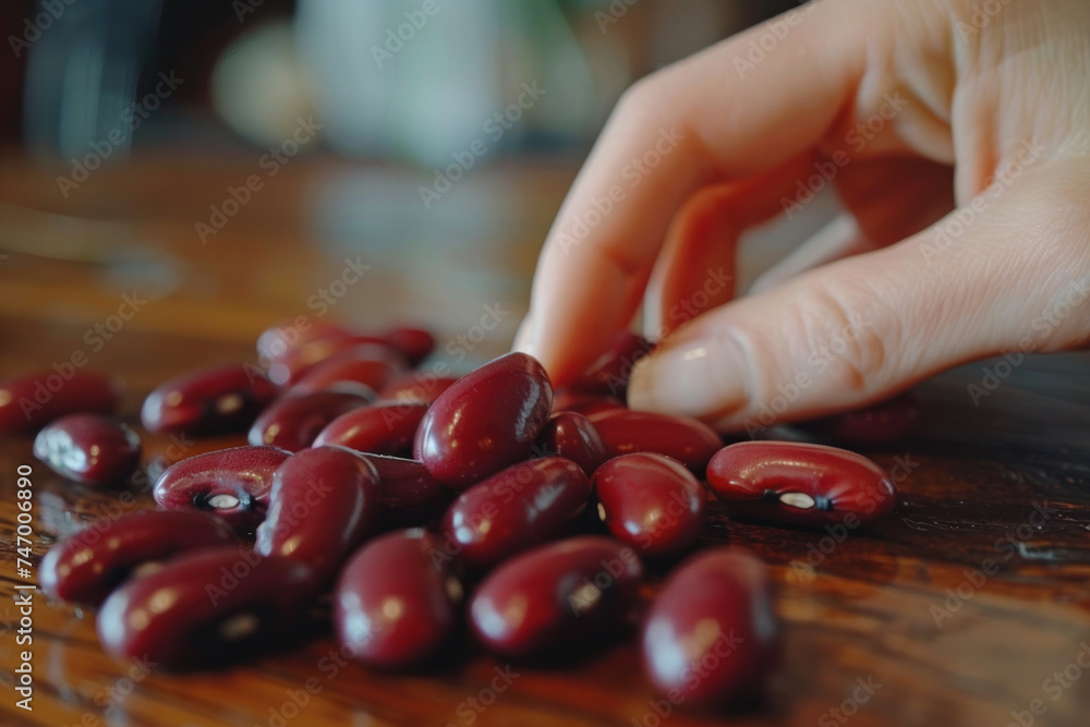 A hand grabbing a kidney bean from a pile