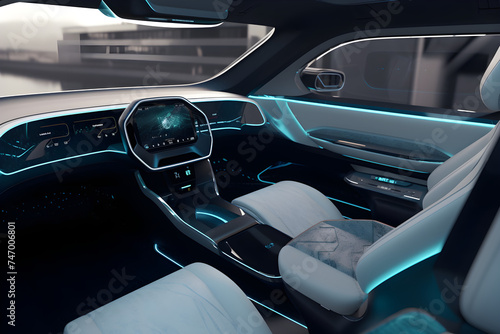 Autonomous vehicle concept interior. Helpful driving aids