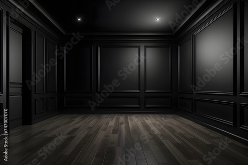 Interior of a modern classic black vacant space with wooden flooring and wall panels © Pablo