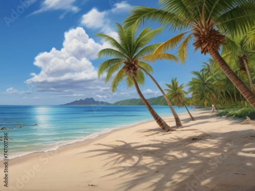 Turquoise water of a tropical sea  palm trees along the beach  feathered clouds  generative ai