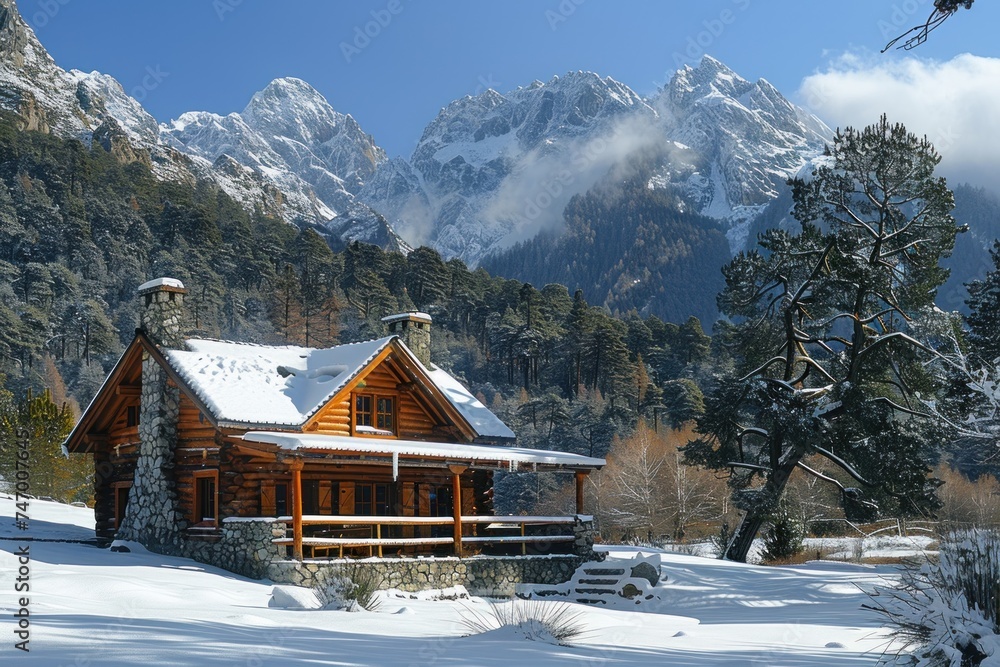A log cabin with a snow-covered roof in a mountainous winter landscape, surrounded by pine trees under a clear blue sky.