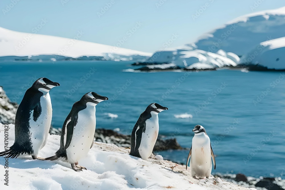 Obraz premium A group of penguins stands on a snowy Antarctic shore, with a crisp, clear sky in the background, capturing the essence of arctic wildlife.