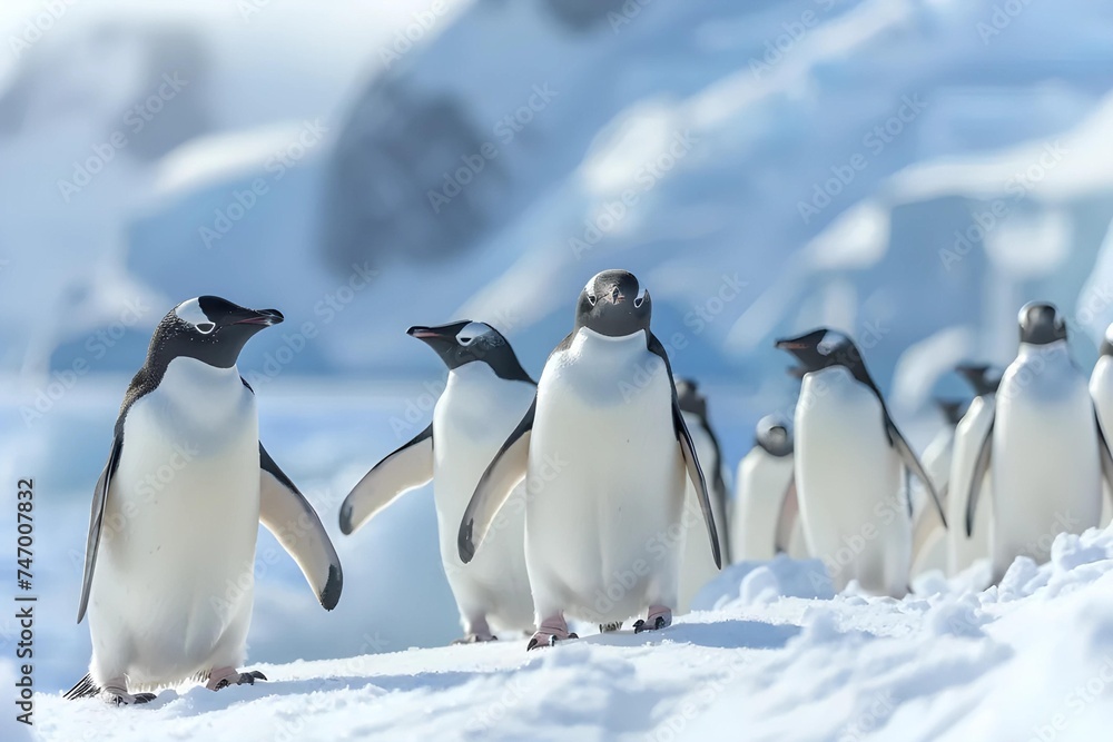 Obraz premium A group of penguins stands on a snowy Antarctic shore, with a crisp, clear sky in the background, capturing the essence of arctic wildlife.