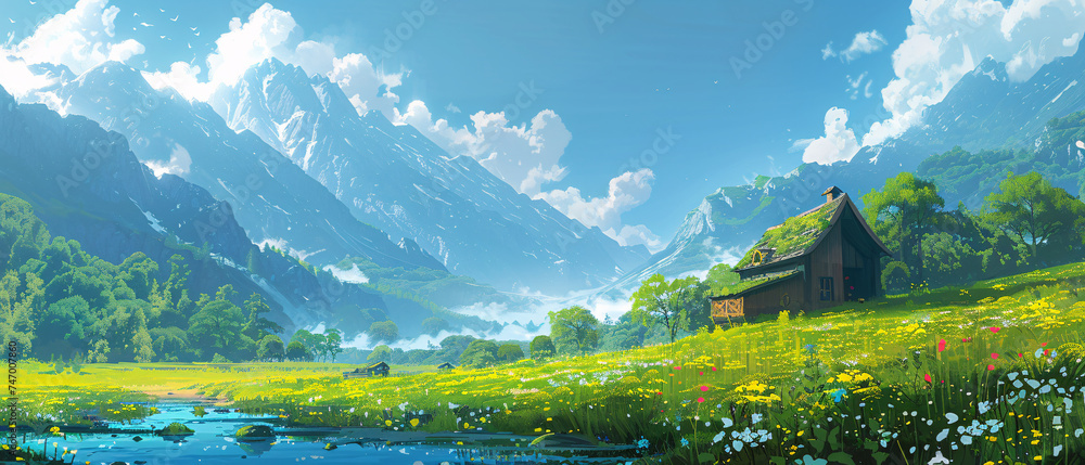 Illustration of a Small Wooden House in a Grassy Field, Enhanced by the Beauty of a Natural Scenery Background.