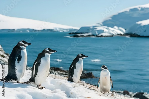 A group of penguins stands on a snowy Antarctic shore, with a crisp, clear sky in the background, capturing the essence of arctic wildlife. © JewJew