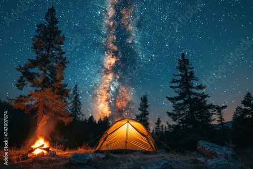 Illuminated tent under a starry night sky with Milky Way, campfire, and pine trees in the foreground.