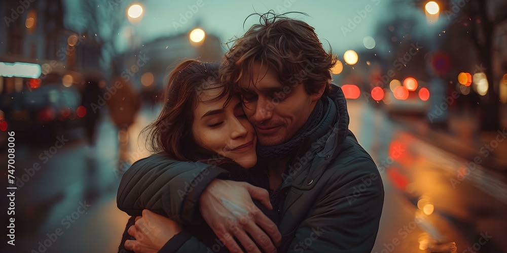 Couple embraces in the city at dusk romantic moment captured. Concept Romantic Photoshoot, Urban Setting, Dusk Lighting, Embrace Poses, Candid Moments