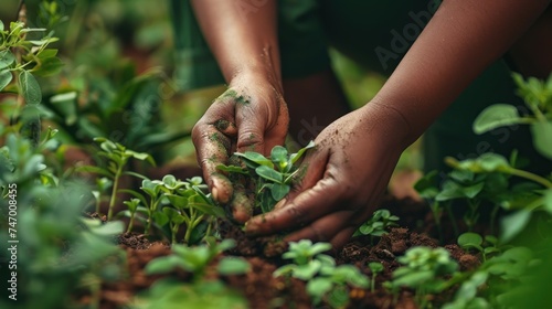 Image of people's hands holding up soil with small plants. Concept: nature conservation, reforestation, environmental conservation. Atmosphere of soft orange light
