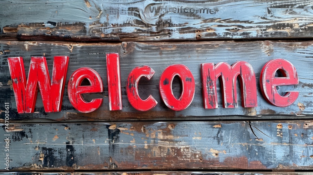 Fototapeta premium Red Welcome concept creative horizontal art poster. Photorealistic textured word Welcome on artistic background. Ai Generated Hospitality and Greetings Horizontal Illustration.
