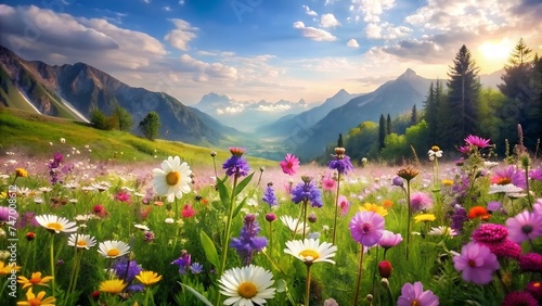 beautiful landscape with flowers and grass in the forest summer landscape. colorful flowers on the background of the mountains © night