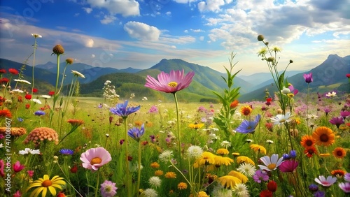 beautiful landscape with flowers and grass in the forest summer landscape. colorful flowers on the background of the mountains