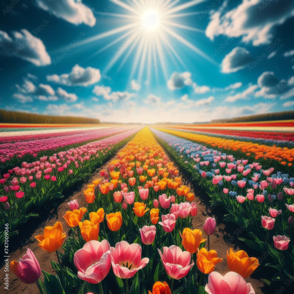 A field of colorful tulips under a bright blue sky on a sunny day, generative ai